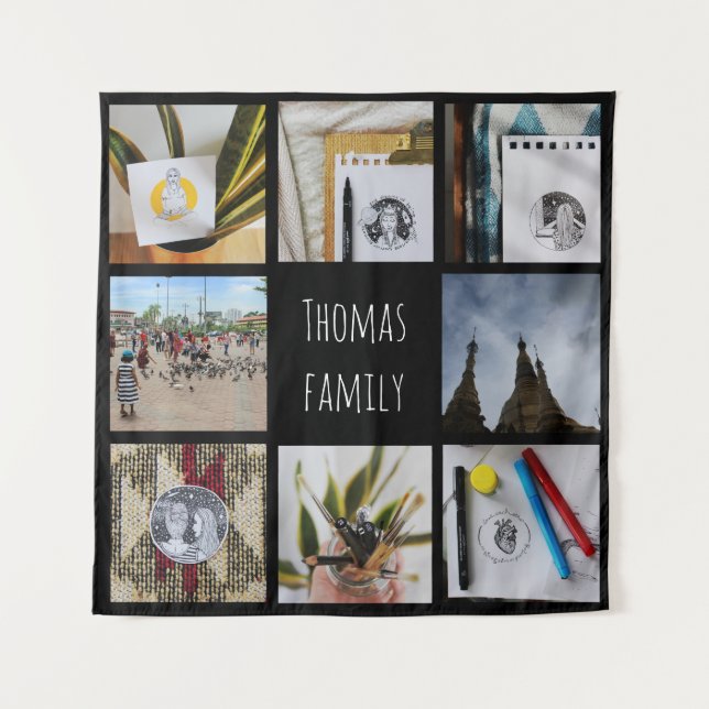 Custom Family Photos and Name Instagram Collage Tapestry (Front)