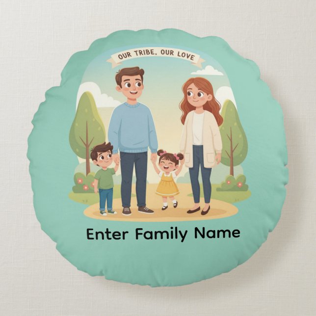 Custom Family Portrait Our Tribe Our Love Round Pillow (Front)