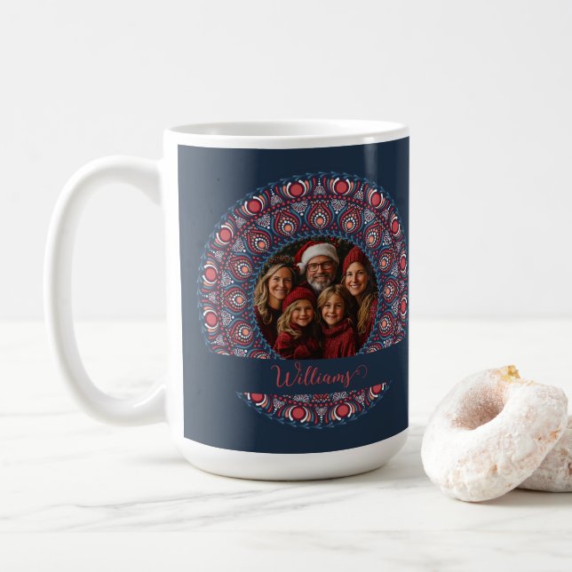 Custom Family Portrait Russet Christmas Mandala Coffee Mug (With Donut)