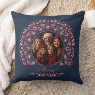 Custom Family Portrait Russet Christmas Mandala Throw Pillow