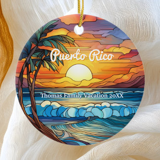 Custom Family Puerto Rico Trip Faux Stained Glass Ceramic Ornament