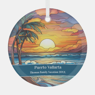 Custom Family Puerto Vallarta Beach Vacation Glass Ornament