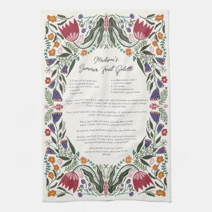 Custom Family Recipe Folk Art Flowers Kitchen Towel