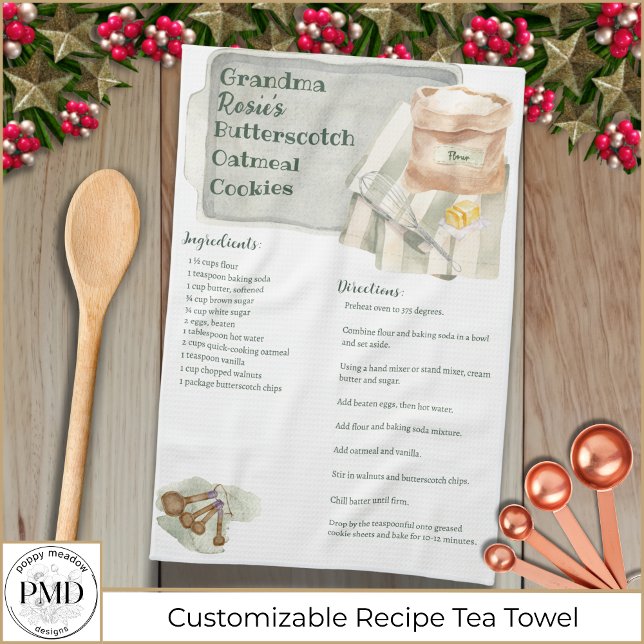 Custom Family Recipe Keepsake Rustic Baking Kitchen Towel (Custom Cookie Towel with her name, title, and favorite recipe. Great gift from Grandma or Mom!)