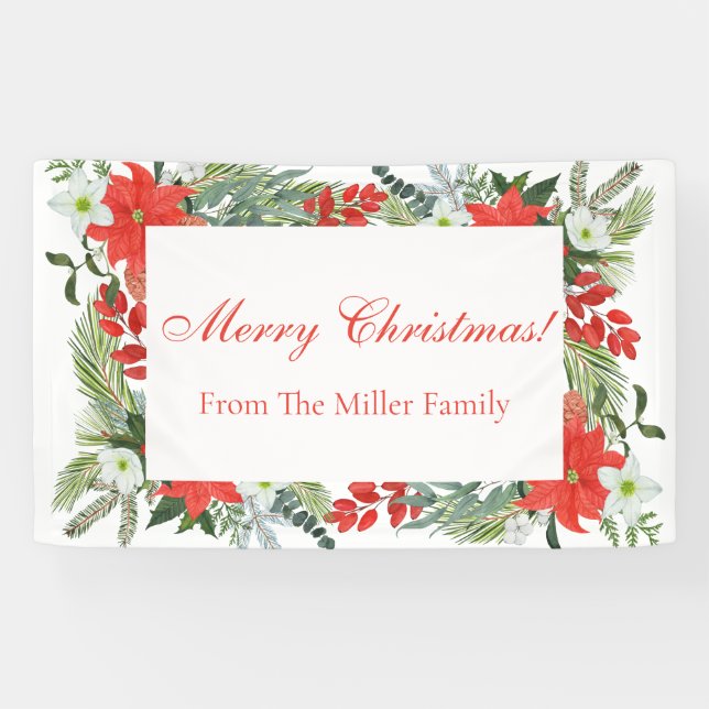 Custom Family Red Floral Merry Christmas Banner (Horizontal)