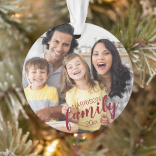 Custom FAMILY Red Script 2 Photo Keepsake Ornament
