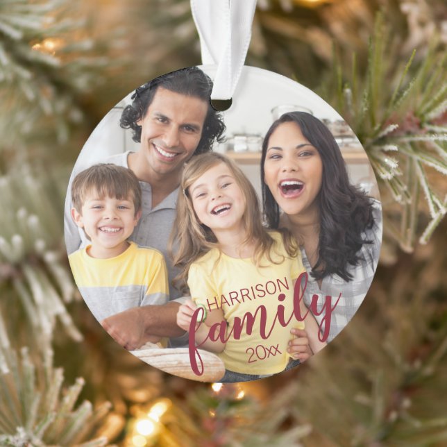Custom FAMILY Red Script 2 Photo Keepsake Ornament (Tree)