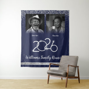 Custom Family Reunion Banner, 2 Photo Blue Silver Tapestry