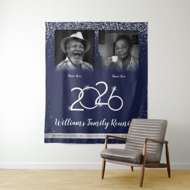 Custom Family Reunion Banner, 2 Photo Blue Silver Tapestry (In Situ)