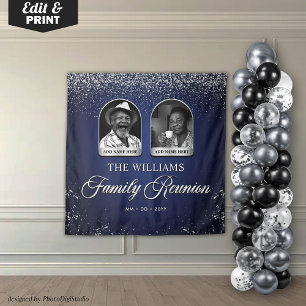 Custom Family Reunion Banner, 2 Photo Blue Silver Tapestry