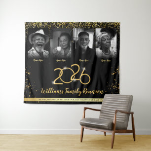 Custom Family Reunion Banner, 4 Photo Black Gold Tapestry