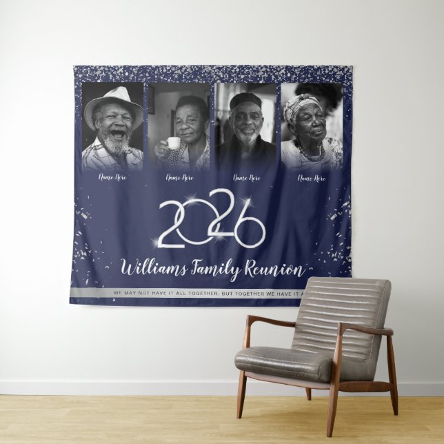 Custom Family Reunion Banner, 4 Photo Blue Silver  Tapestry (In Situ (Horizontal))
