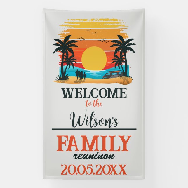 Custom Family Reunion Beach Sunset Palms Trees  Banner (Vertical)