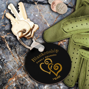 Custom Family Reunion Black Gold Linked Hearts Keychain