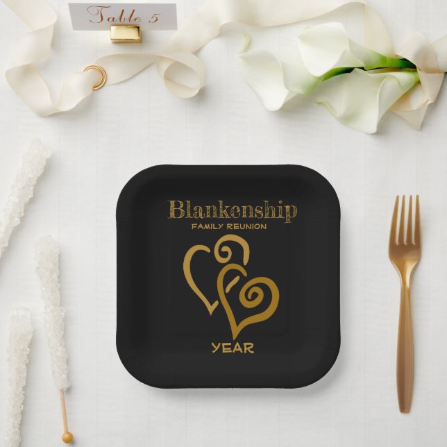 Custom Family Reunion Black Gold Linked Hearts  Paper Plate (Wedding)