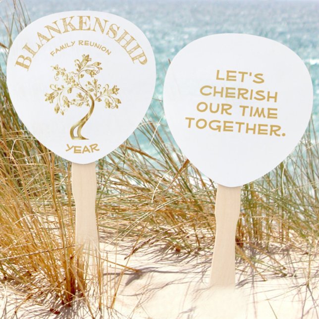 Custom Family Reunion Black Gold Tree Double Sided Hand Fan (Use this family reunion hand fan gold tree design for table decor, a fan or a keepsake. )