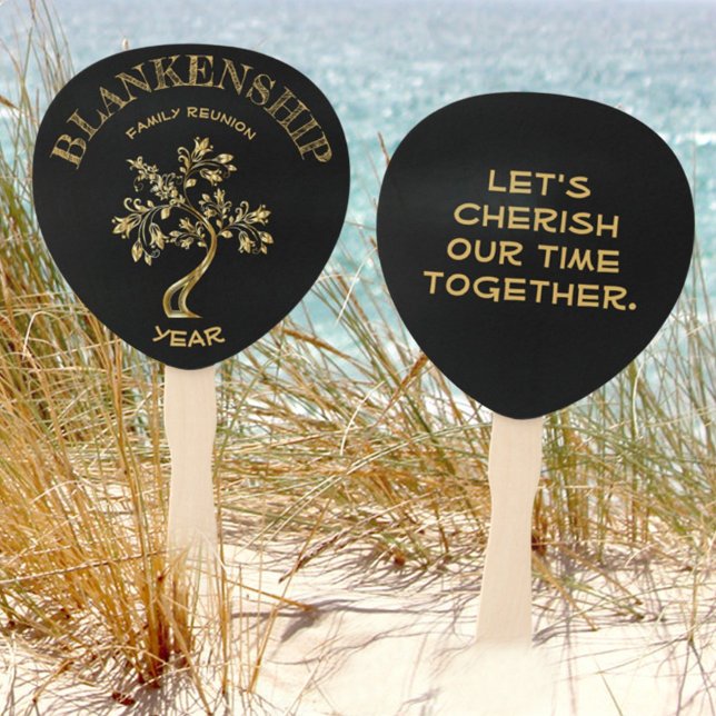Custom Family Reunion Black Gold Tree Double Sided Hand Fan (Creator Uploaded)
