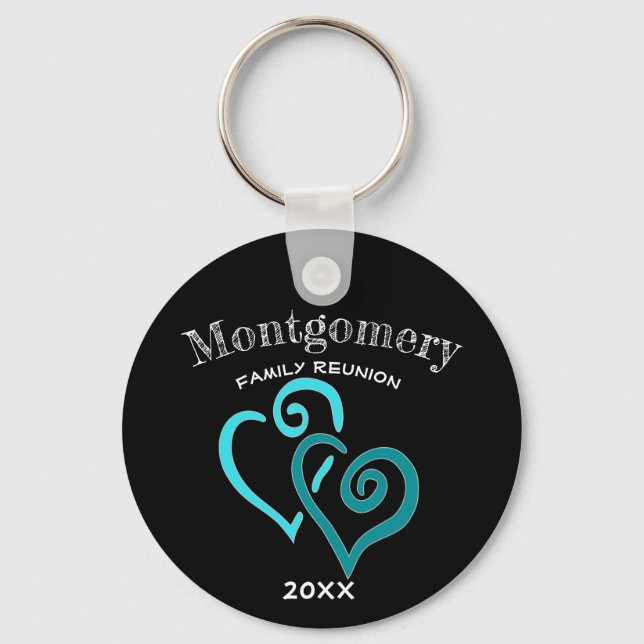 Custom Family Reunion Blue Turquoise Linked Heart Keychain (Front)