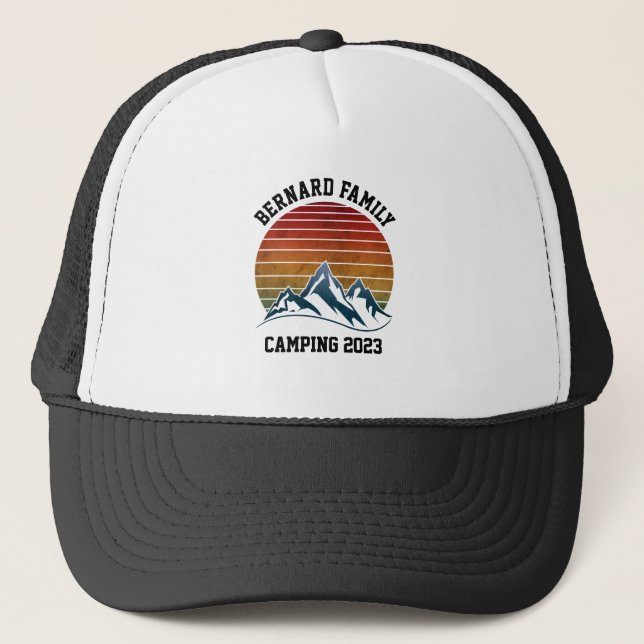 CUSTOM FAMILY REUNION CAMPING SUNSET MOUNTAIN TRIP TRUCKER HAT (Front)