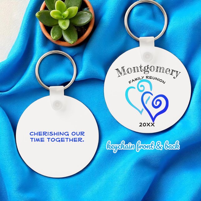 Custom Family Reunion Dark Light Blue Linked Heart Keychain (template keychain front and back)