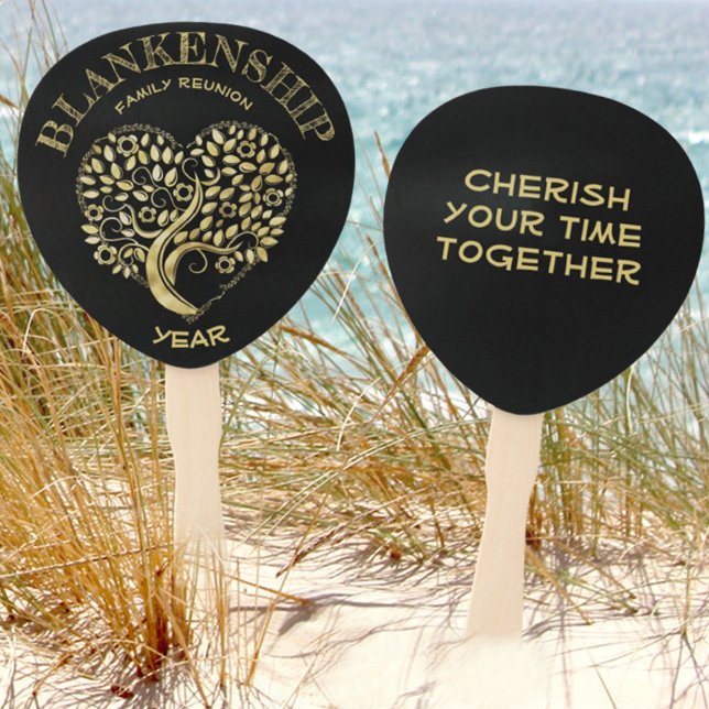 Custom Family Reunion Gold Heart Shaped Tree Hand Fan (Creator Uploaded)