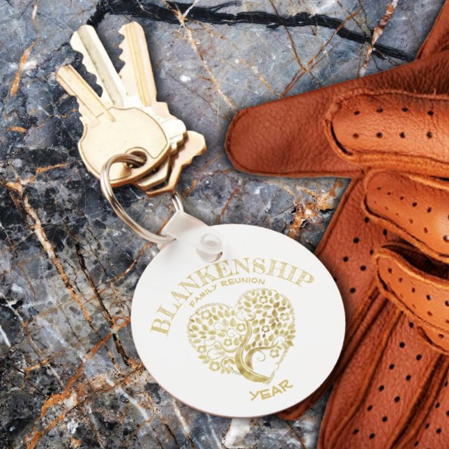 Custom Family Reunion Gold Heart Shaped Tree Keychain (A special personalized keepsake that will remind them of your wonderful family reunion.)