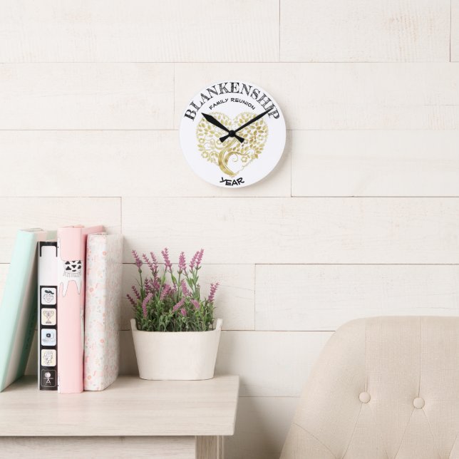 Custom Family Reunion Gold Heart Tree Keepsake Round Clock (Reading Room)