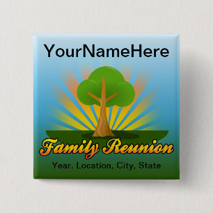Custom Family Reunion, Green Tree with Sun Rays 2 Inch Square Button