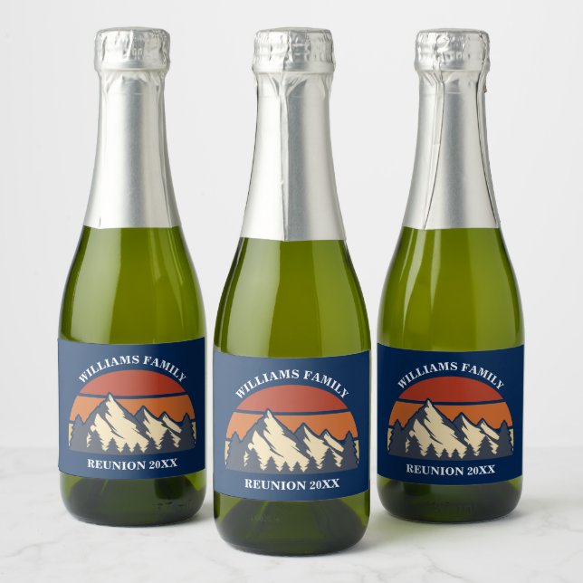 Custom Family Reunion Party Mountain Sunset Mini Sparkling Wine Label (Bottles)
