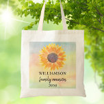 Custom Family Reunion Tote Bag<br><div class="desc">This Family Reunion tote bag is decorated with a yellow sunflower on a colourful watercolor background. Easily customizable. Use the Customize Further option to change the text size, style, or colour. Because we create our own artwork you won't find this exact image from other designers. Original Watercolor © Michele Davies....</div>