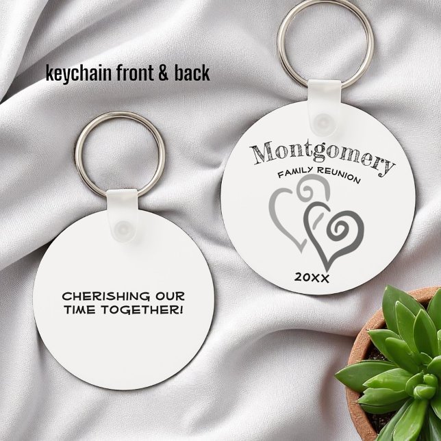 Custom Family Reunion Two Grey Linked Heart Keychain (front and back template keychain)