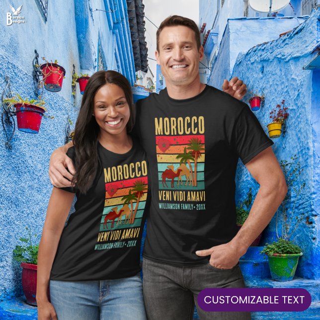 Custom Family Reunion Vacation Morocco Trip T-Shirt (Morocco Family Group Vacation shirt w/ vintage sunset, custom text. Ideal for group/family reunions)