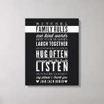 CUSTOM FAMILY RULES modern typography bold black Canvas Print<br><div class="desc">Dress the walls in your living room with this positive affirmation text - a gentle reminder for a happy family. Setup as a template it is easy to customize with your own text - make it yours! Simply hit the "Customize it" button and add/change the text, fonts, size, colours even...</div>