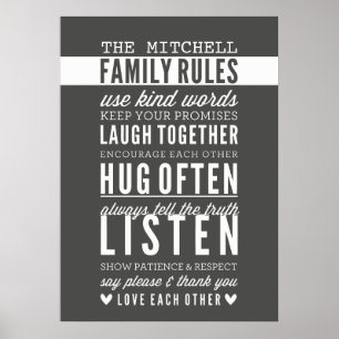 CUSTOM FAMILY RULES modern typography dark grey Poster