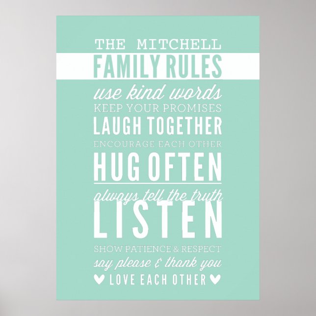CUSTOM FAMILY RULES modern typography mint green Poster (Front)