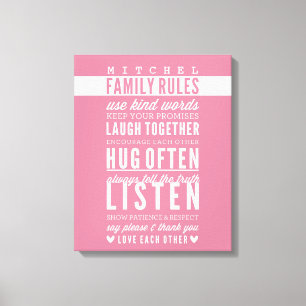 CUSTOM FAMILY RULES modern typography rose pink Canvas Print