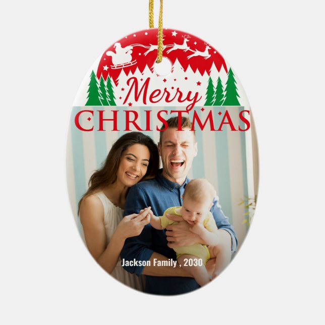 Custom FAMILY Script One Photo Keepsake Ceramic Ornament (Back)