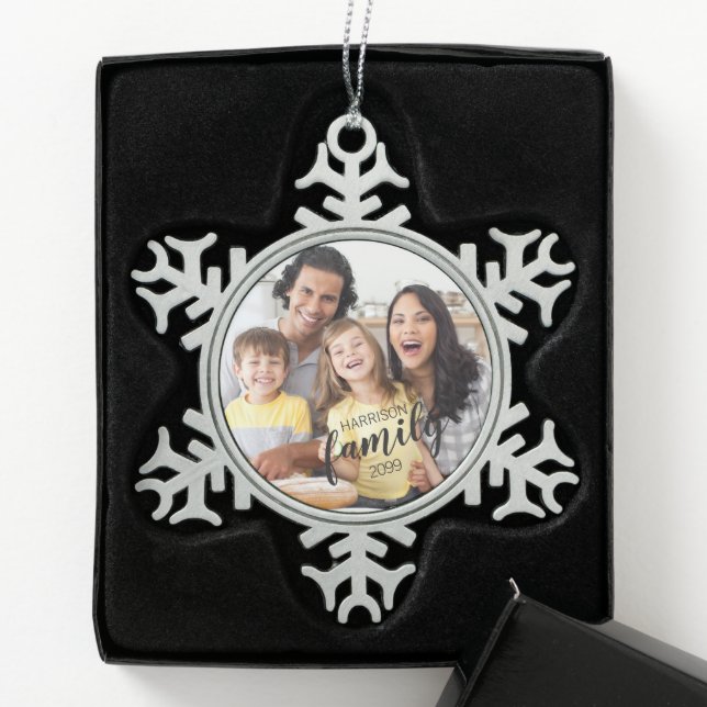 Custom FAMILY Script One Photo Keepsake Snowflake Pewter Christmas Ornament (Box)