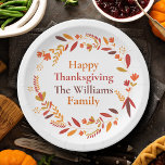 Custom Family Thanksgiving Party Fall Wreath Paper Plate<br><div class="desc">This beautiful autumn family Thanksgiving party plate features a pretty wreath of brown,  orange,  and red leaves around your personalized text. Customize these matching plates for the entire group with your last name and year in lovely fall colours.</div>