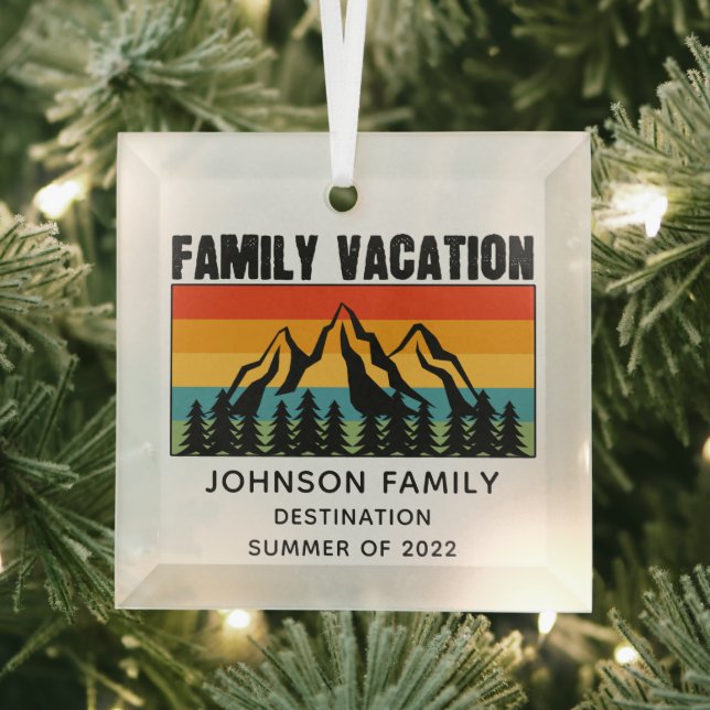 Custom Family Vacation Mountains Hiking Camping Glass Ornament (Insitu)