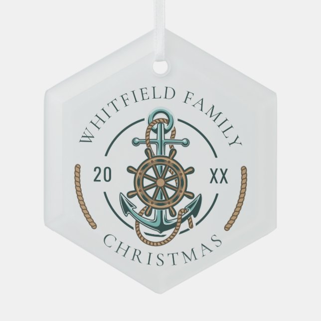 Custom Family Vacation Nautical Beach House Glass Ornament (Front)
