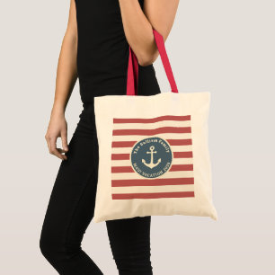 Custom Family Vacation Nautical Blue Anchor Stripe Tote Bag