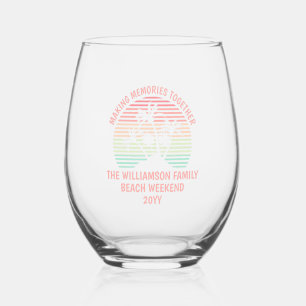 Custom Family Vacation Retro Tropical Beach Trip Stemless Wine Glass