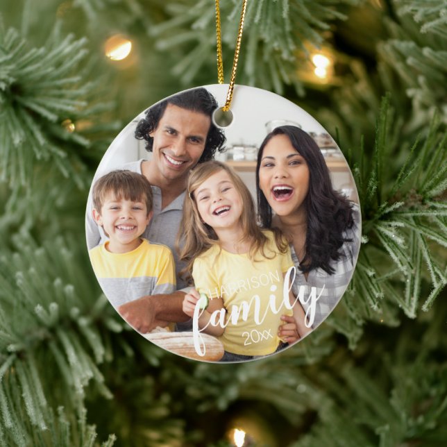 Custom FAMILY (white text) 2-Photo Keepsake Ceramic Ornament (Tree)