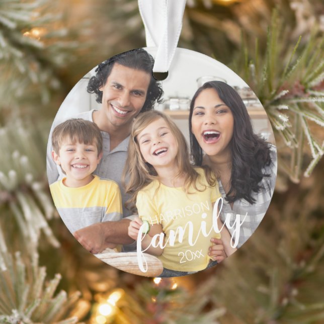 Custom FAMILY (white text) 2-Photo Keepsake Ornament (Tree)