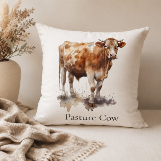 Custom Farmhouse Pasture Cow Watercolor Painting Throw Pillow