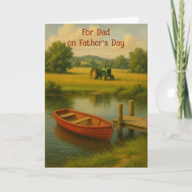 Custom Father’s Day Red Boat & Tractor by the Pond Thank You Card (Front)