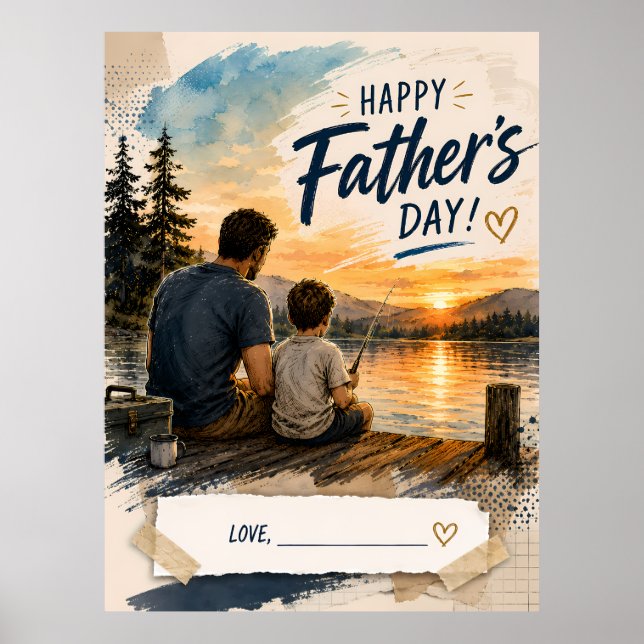 Custom Father Son Fishing Sunset Poster (Front)