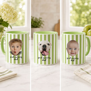 Custom Father's Day 3 Photo Baby Face Green Stripe Mug