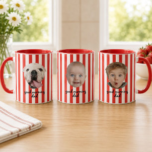 Custom Father's Day 3 Photo Baby Face Red Stripe Mug